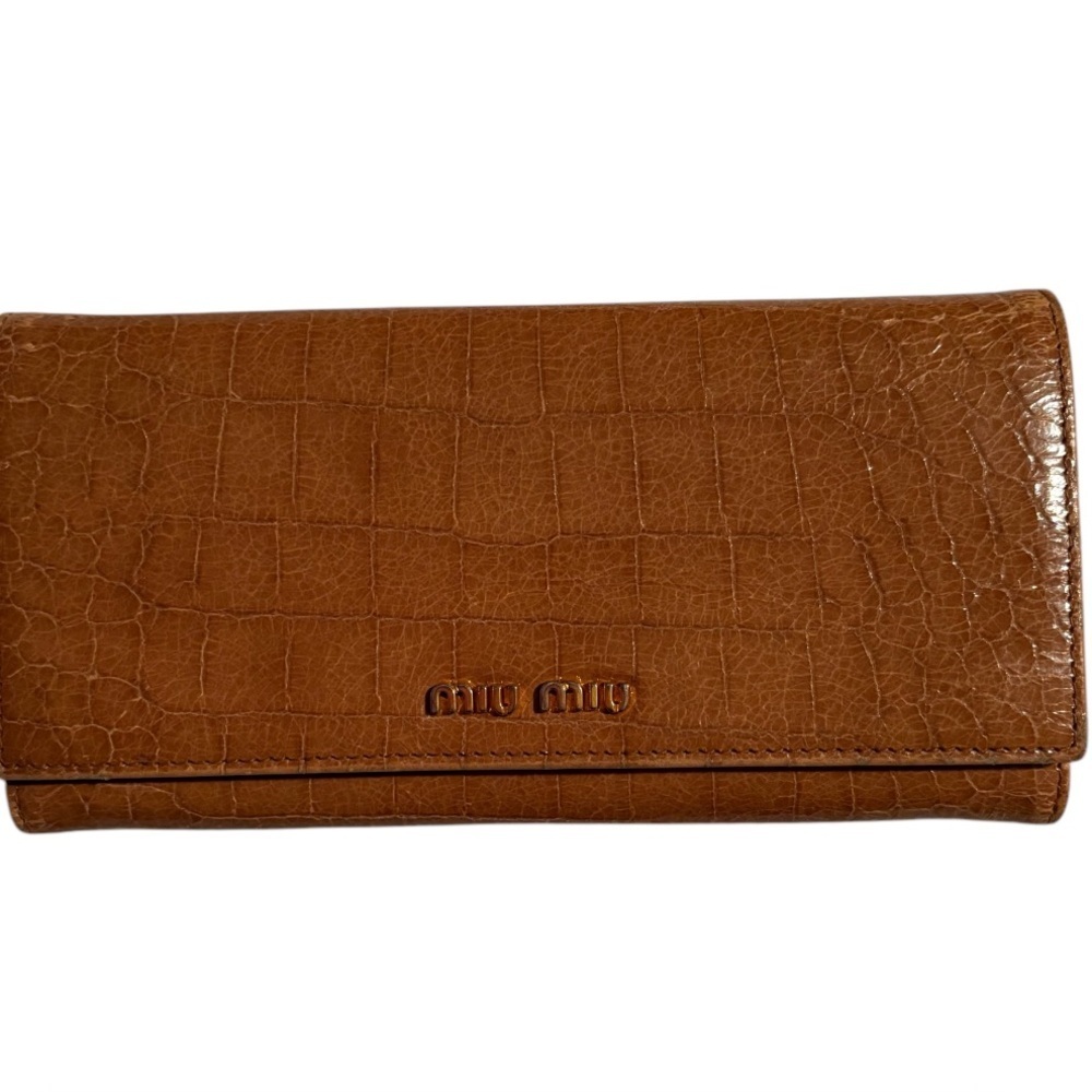 Authentic Prada MIU MIU Long Leather Wallet Brown Camel Snap Closure Flap